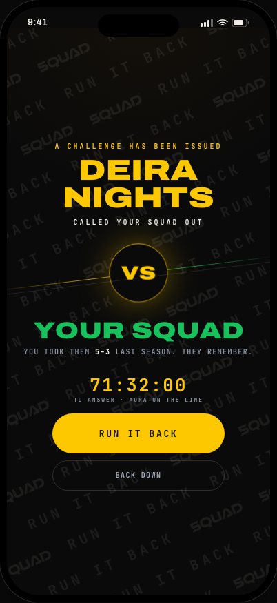 A challenge issued to your squad, with the countdown and the run it back button