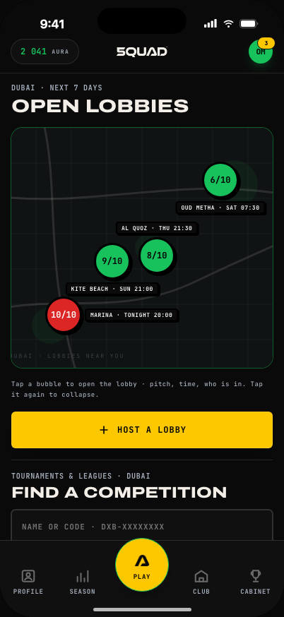 Open lobbies near you on the map, each bubble showing how many spots are filled