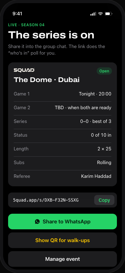 The series lobby showing the venue, the schedule and the share link